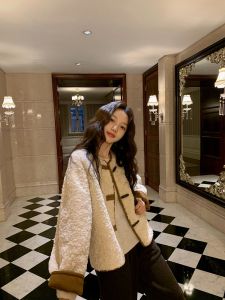 Lamb Fur Short Coat Womens Fashion Suede Material Eco-friendly Winter Outerwear Thickened Korean Style round Neck Button Detail
