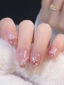 Nail Art Wearable False Nails Long Medium Length Nude Pink Glitter 3D Flower Easy Remove Nail Tips Beauty Tools Accessories