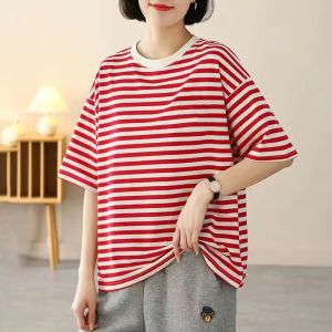 Loose Fit Striped Cotton T-Shirt Womens Summer round Neck Pure Cotton Body Shirt Artistic Commute Style Short Sleeve Top