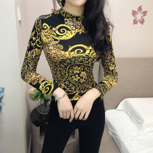 เสื้อยืดแขนยาวคอปกต่ำพิมพ์ลายแฟชั่นสำหรับผู้หญิง ทรงเข้ารูป ทรงเต้นรำ เสื้อผ้าเต้นรำ แฟชั่นฤดูใบไม้ผลิและฤดูใบไม้ร่วง