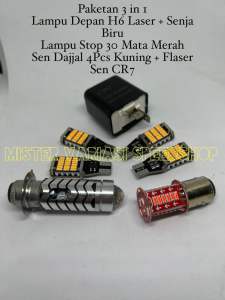 PAKET 3 IN 1 VARIASI MOTOR LAMPU LED DEPAN H6 LASER + SEN DAJJAL KUNING 4 PCS DAN FLASER CR7 + LAMPU STOP 30 MATA RUNNING BISA UNTUK SEMUA MOTOR NMAX AEROX NEW PCX 160 PCX 150 Mio vario 125 vario 150 beat new beat old scoopy