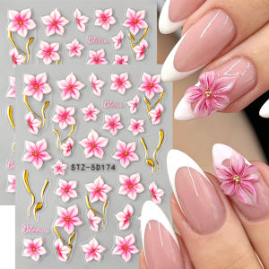 3D Floral Nail Art Stickers Decals Pink Flowers Nail Decorations Adhesive Sliders Acrylic Design Manicure Nail Art Accessories