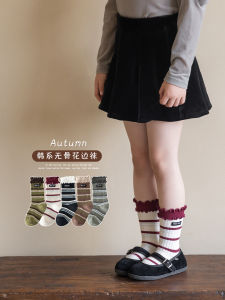 Girls Cotton Socks Pure Combed Cotton Mid-Calf Korean Style Spring Autumn Girls Flower Lace Pile Socks Childrens No-Show Socks