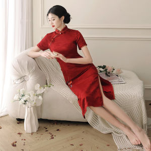 Red Young Chinese Style Wedding Dress New 2025 Elegant Summer Toast Dress Long Cheongsam Short Sleeve Retro Style for Wedding