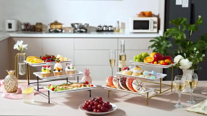 Wedding cake dessert stand - three-tier dessert counter. Wedding fruit and food display stand. Folding decorative display stand for hotels