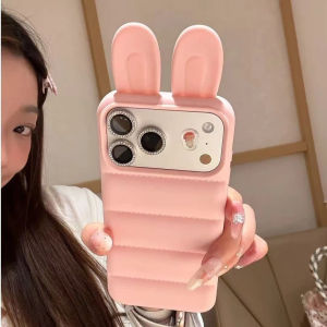 EOENKK | INS 3D Bunny Ear Down Jacket Silicone Phone Case For iPhone 12 13 14 15 16 17 Pro Max 14 15 16 17 Pro Shockproof Back Cover