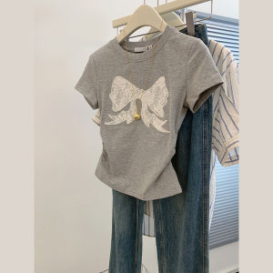 Áo Thun Nữ Màu Xám Thắt Nút Bướm Ngắn Ôm Vừa Vặn Thắt Eo Cổ Điển Mùa Hè Thường Ngày Cổ Tròn Tay Ngắn