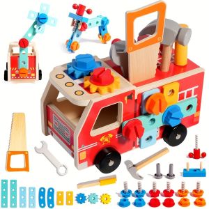 DIY Wooden Fire Truck Assembly Toy – Educational Nut & Bolt Car Building Set for Kids Ages 3+ Disassembly & Construction Play Birthday & Christmas Gift
