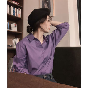 Elegant Pure Cotton Purple Womens Shirt Korean Style Polo Collar Long Sleeve Spring Fashion Inner Wear Light Luxury