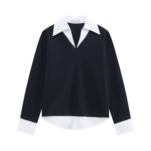 Spring New Arrival Mens Casual Polo Shirt V-Neck Splice Sweatshirt Korean Style Long Sleeve Loose Fit Youth Popular