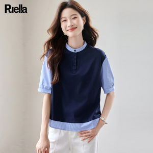puella | Standing Collar Striped Faux Two-Piece Short Sleeve T-Shirt