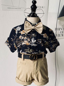 British Style Baby Boy Outfit Floral Shirt And Overalls Performance Suit Cotton Material Birthday Celebration Clothes Set