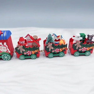 4-Carriage Wooden Christmas Train Set Holiday Table Ornament Cake Topper Xmas Home Decoration