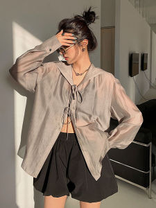 chaqi | Womens Summer New Ice Silk Thin UV Protection Shirt Breathable Long Sleeve Small Size Belted Polo Neck Loose Fit Outerwear