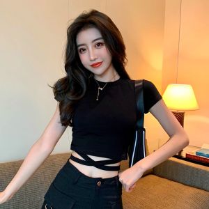 Áo Thun Cotton Đen Tay Ngắn Mùa Hè Mới Cho Nữ Áo Thun Bó Sát Pure Desire Style Dây Buộc Hở Bụng Áo Thun Cơ Bản