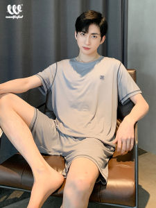Mens Summer Sleepwear Loose Fit Cotton T-Shirt Shorts Home Clothes Set round Neck Short Sleeve Lightweight Comfortable Youth Size