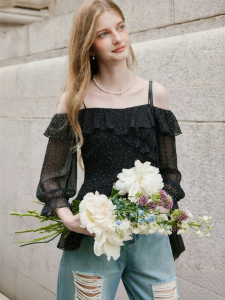 XIANGYING | French Off-shoulder Polka Dot Thin Blouse