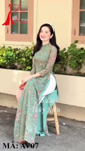 AV09 Áo dài truyền thống thiết kế hoa nhí màu xanh áo 4 tà voan tơ mềm mại ảnh thật tự chụp hàng sẵn