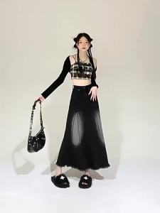 《226》Black Denim Skirt for Women Plus Size Fat Mm2025 Spring New Arrival High Waist Stylish Mid Length Long Length A- line Skirt