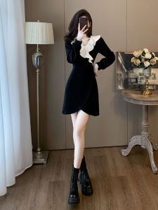 French V-neck Dress Womens Autumn Slimming Elegant High-end Short Black Dress Irregular Korean Style Commute Long Sleeve