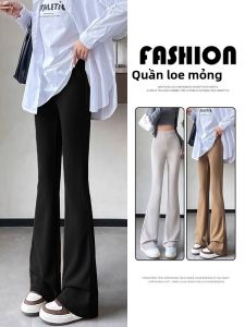 YAMIANNV | Quần ống loe cạp cao màu đen cho nữ mùa xuân thu quần ống loe dáng mỏng xếp ly dài bằng polyester và polyurethane