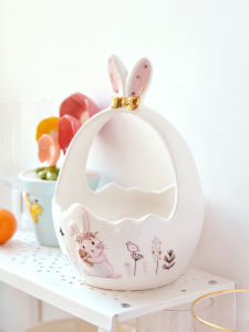 Cute Rabbit Ceramic Fruit Basket round Home Decorative Basket Creative Cosmetic Storage Fruit Basket French Style Soft Healing