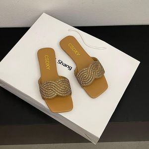 Fashionable Large Size Womens Slippers 41-43 Rhinestone Detailing Casual Summer Wear Plaid Pattern Rubber Sole