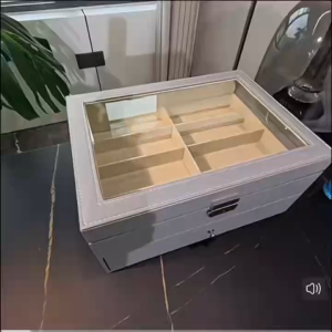 กล่องใส่แว่นตา 16 ช่อง 2ชั้น กล่องแว่นตา กล่องเก็บแว่นตา ที่ใส่แว่นตา PUหนังสีเทา ชั้นวางแว่นตา 16 ช่อง กล่องของขวัญ