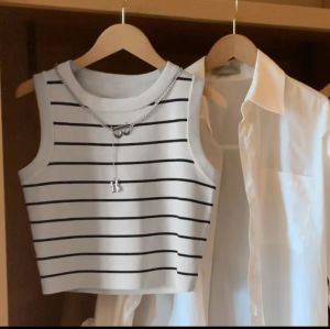 Ice Silk Stripe Knitted Short Vest Womens Summer Outerwear Inner Match Slim Design round Neck Sleeveless Top