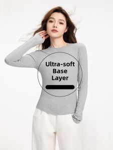 miiow | Grey Round Neck Base Shirt Cat Person Womens Slim Fit Inner Wear T-Shirt Elegant Style Long Sleeve Casual Top For Daily Use