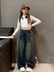 American Style Wide-leg Jeans Loose Girls Straight Pants Square Pocket Sports Long Pants