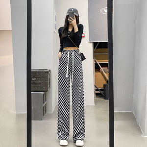 High Waist Wide Leg Pants Womens Checkered Ice Silk Drawstring Thin Summer Trousers for plus Size Women up to 200 Pounds