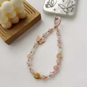 Chinoiserie Style Alloy Peace Charm Womens Mobile Phone Chain Sweet Artificial Stone Butterfly Crystal Key Pendant Decoration