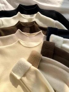 Womens Fleece Lined Thickened Winter Base Shirt Half High Collar One Piece Velvet Warm Top Korean Style Slim Fit Knitted Sweater
