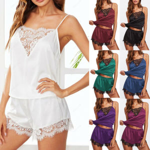 Stylish Solid Color Lace Slip Shorts Set Lace Lace Spaghetti-Strap Shorts Suit