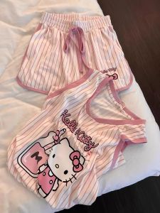 Sanrio Hello Kitty Pajama Set Anime Womens Summer Vest Shorts Suit Leisure Pink Cartoon Stripe Printing Fashion Home Wear
