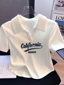 LINGLONGDAI | Áo thun tay ngắn cổ polo cotton nguyên chất màu trắng cho nữ mùa hè 2023 phong cách công sở thường ngày in họa tiết áo thun ngắn