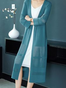 Ice Silk Knitted Air Conditioned Open Cardigan Womens Midi Length Summer Outerwear Shawl Loose Thin Mommy Style Hollow out Sun Protection Clothes