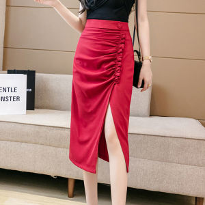 Fashionable High Waist Midi Skirt French Design Pleated Asymmetrical Hem Bodycon Half-length Womens Summer New Arrival