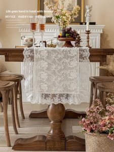 French Style Table Flag Ins White Tablecloth Art Five Cabinet Counter Decorative Cover Towel Countryside Style Middle Long Cover Cloth