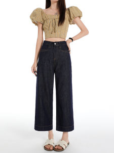 Quần Jeans Denim Mỏng Mùa Hè Cho Nữ Quần Ống Rộng Cạp Cao Màu Xanh Đậm Quần Ống Rộng Thẳng Quần Jeans Denim