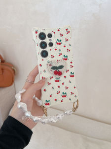 Samsung S25 Ultra Phone Case with Lanyard Four Corner Openings Soft Silicone Floral Embroidery Protection Lightweight Cherry Embroidery
