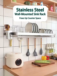 GSLIFE Wall Mounted Sink Rack with Water Tray Stainless Steel Dish Rack Kitchen Rack Save Space