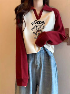 เสื้อสเวตเตอร์คอวีแขนยาวสั้นสไตล์เกาหลีสำหรับผู้หญิง สีแดง เสื้อเชิ้ตคอโปโล แฟชั่นฤดูใบไม้ร่วง/ฤดูหนาว คอลเลกชันใหม่