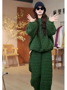 Fashionable Green Thickened Half Zip Cotton Jacket Set Womens Winter 2024 New Casual Two-Piece Set Long Pants Zipper Closure