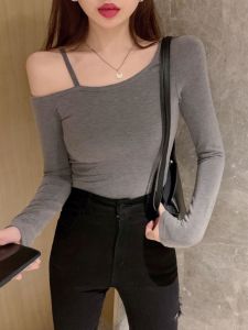 GUZILIAN | Áo thun tay dài ôm vừa vặn gợi cảm cho nữ Áo sơ mi cơ bản mùa xuân thu đông đa năng cổ chữ V không tay phong cách Hàn Quốc thường ngày