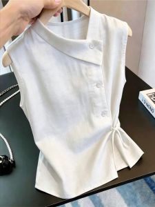 NUMEN BUTTON | Ribbon Tie Sleeveless Slimming Elegant Pretty Casual Shirt