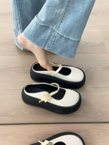 รองเท้าแตะส้นสูงพื้นหนาสำหรับผู้หญิงในช่วงฤดูร้อนปี 2024 รองเท้าแตะแบบมีส้น รองเท้าแตะแบบมีรู รองเท้า Mary Janes สไตล์เกาหลี รองเท้าแตะแบบสวมหัว