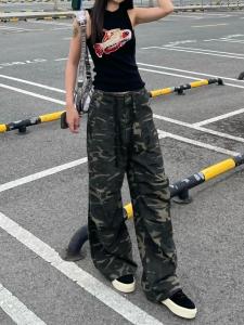 American Retro Camouflage Denim Straight-leg Drawstring Stylish Casual Loose Wide-Leg Draggle-Tail Trousers Trendy Autumn and Winter