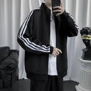 Loose Fit Sporty Sweatshirt Mens Stand Collar Three Bars Solid Color Jacket Large Size Casual Outerwear Spring Autumn